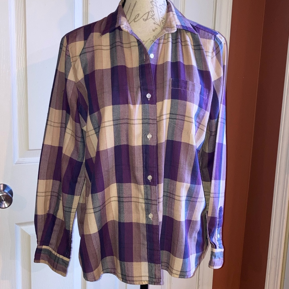 Vintage 80s Diane Von Furstenberg Plaid Cotton Blend Button Down Longsleeve 14